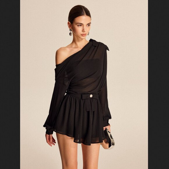Commense Large Black Semi Sheer Chiffon One Shoulder Blouse And Mini Skirt Set - Picture 1 of 3